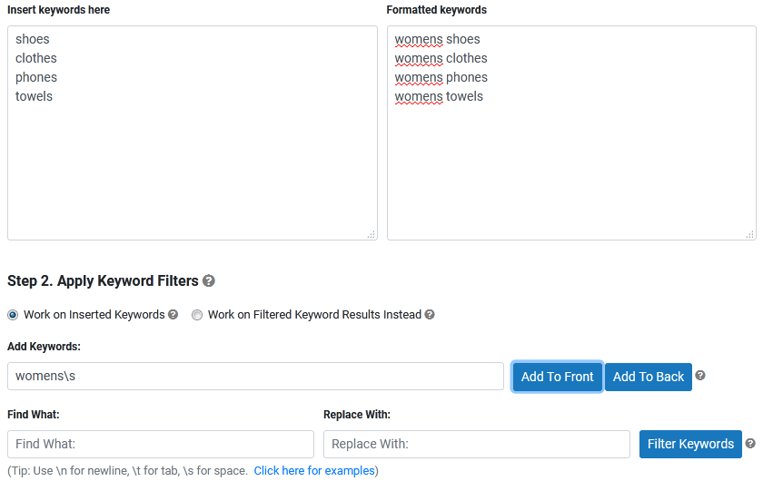 Keyword Manager Tool - Use Add Keywords to add a new characters or words in front of or after existing keywords